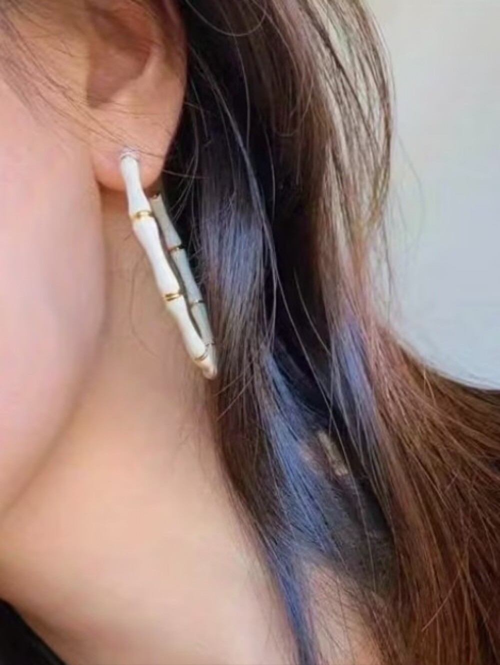 NEW! White Enamel Bamboo Thin Open Hoop Post Earrings with Gold Accents - Picture 5 of 5